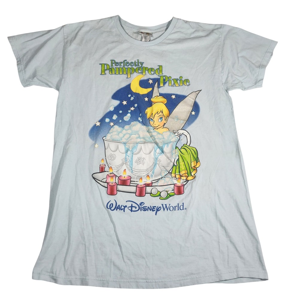 VTG 90's Disney Tinker Bell Nightshirt Womens OS Blue Glitter Pampered Pixie